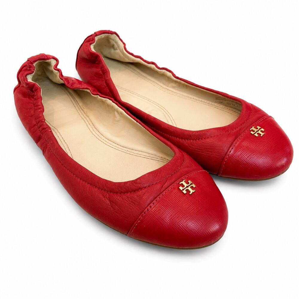 Tory Burch York Cap Toe Poppy Red Leather Ballet Flats Gold Logo Size 7.5